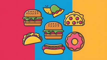 Set of colorful cartoon fast food icons. Isolated vector.