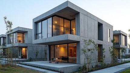 Modern concrete houses, large windows, landscaped grounds.