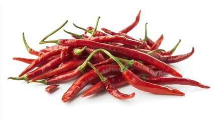 A vibrant display of red chili peppers arranged neatly on a pure white surface, showcasing their glossy texture and rich color.
