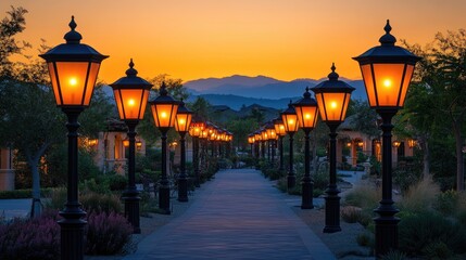 Serene sunset illuminating a pathway lined with vintage street lamps in a tranquil garden setting