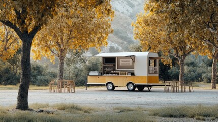 Obraz premium Outdoor food truck PNG mockup with a blank truck, parked in a minimalistic, open area with a few trees, perfect for showcasing branding concepts.