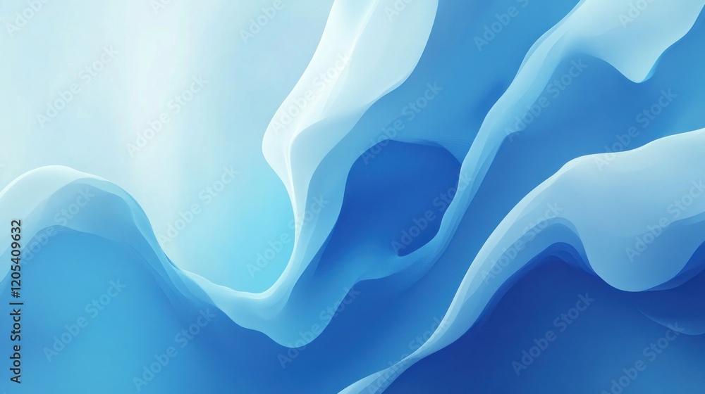Poster abstract minimalist background with simple curving lines and fluid shapes in shades of blue