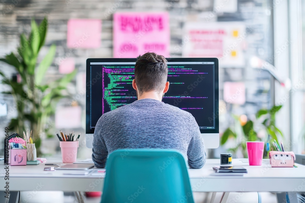 Poster A software engineer debugging code in a modern office, relaxed atmosphere, and tech aesthetics