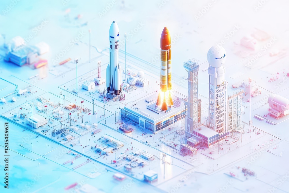 Poster Futuristic Rocket Positioned atop Architectural Blueprint of Innovative Skyscraper Design Symbolizing Progress and Exploration in Urban Landscape