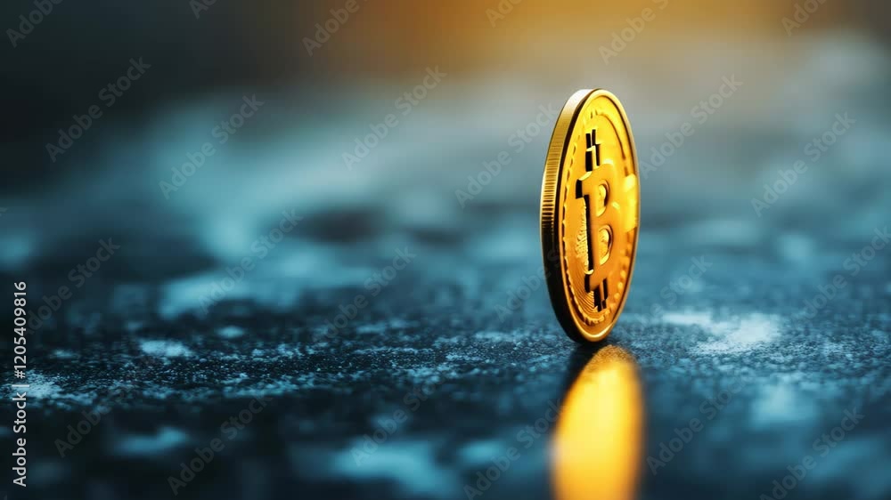 Aufkleber Bitcoin cryptocurrency standing on edge on dark textured surface reflecting warm light suggesting investment, finance, and new financial technologies
