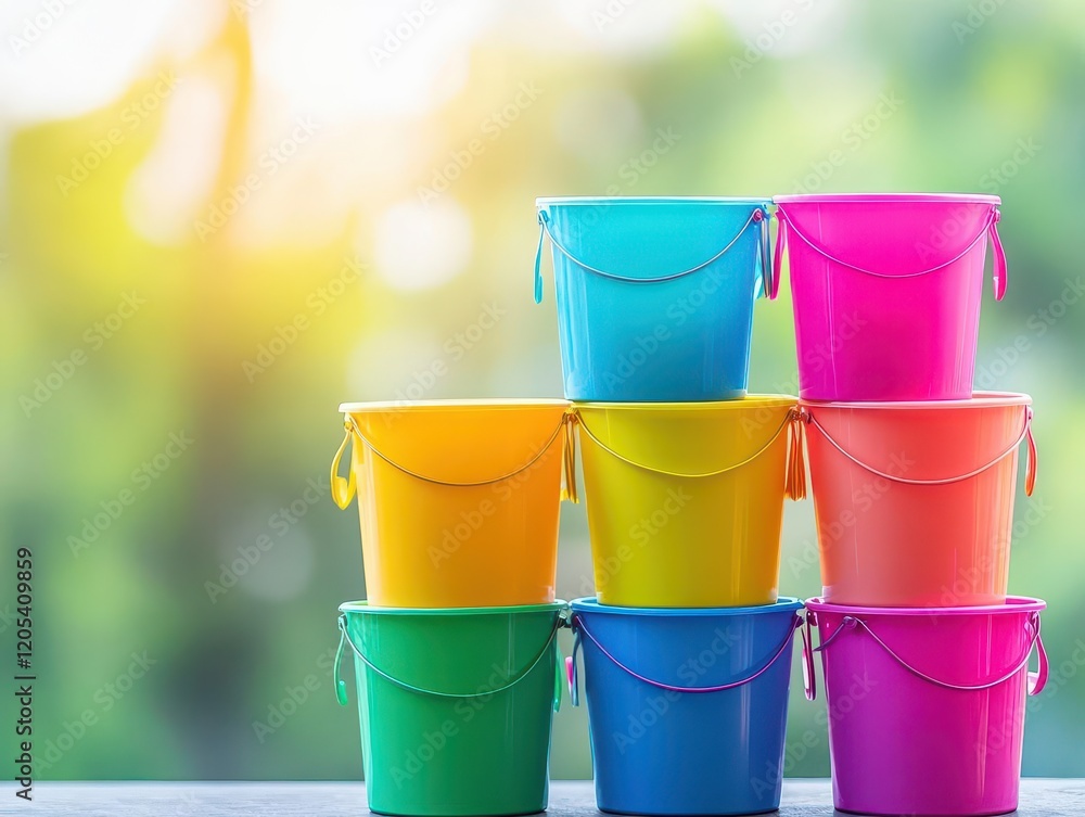 Poster Vibrant Array of Colorful Buckets Displayed on Rustic Table Surface Evoking a Cheerful and Playful Atmosphere Perfect for Creative DIY Projects