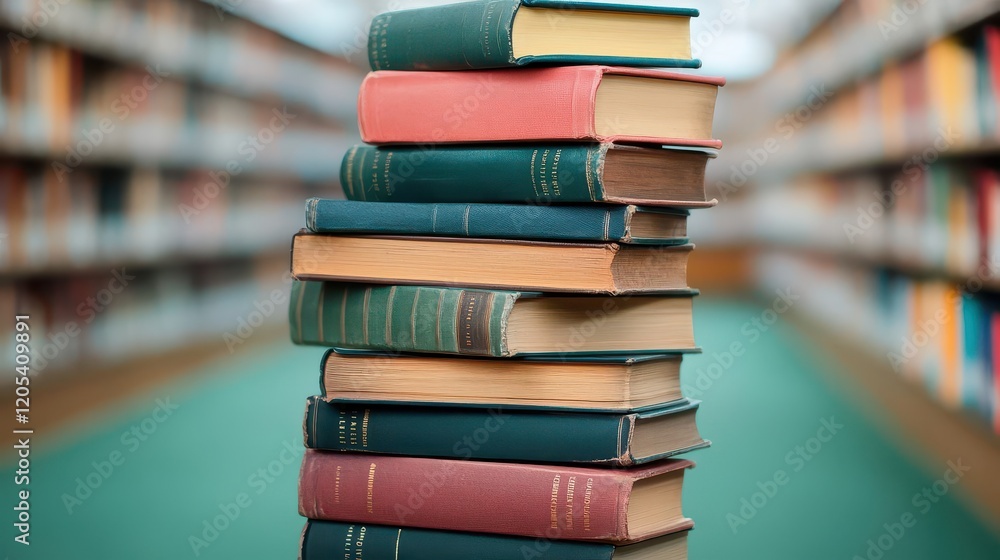 Poster a cozy library scene featuring an inviting stack of colorful books on a wooden shelf surrounded by w
