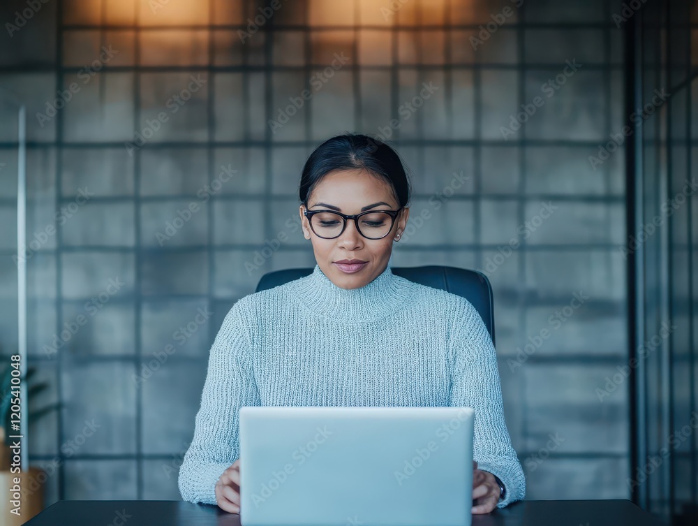 Poster focused woman in glasses working at desk with laptop surrounded by notebooks and a calm atmosphere r
