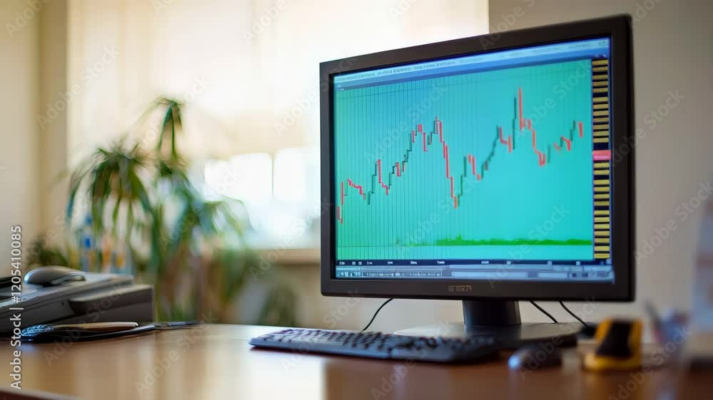Poster candlestick chart displaying positive growth in investment and finance on a computer screen, suggest