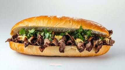 A delicious sandwich featuring layers of meat and cheese, perfectly assembled and ready to enjoy.