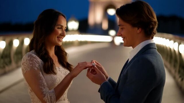 Happy woman taking a proposal about wedding and kissing her future husband. Handsome young man giving an engagement ring to her girlfriend. Couple dating on the bridge. Concept of love and marriage.