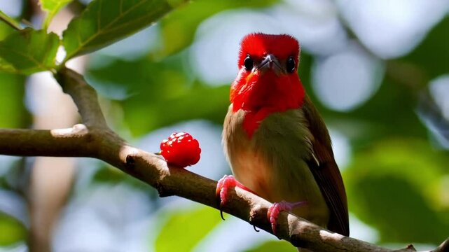 Red-faced Mousebird clinging onto a branch and eating berries. Closeup portrait of rare african bird. Bird watching, ornitology. Wild life nature birds of South Africa. Bright bird with red beak