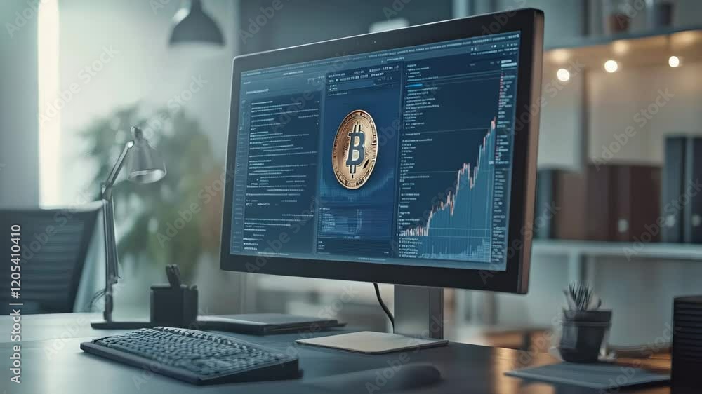 Poster cryptocurrency trading software showing bitcoin price increasing on a desktop computer screen, sugge