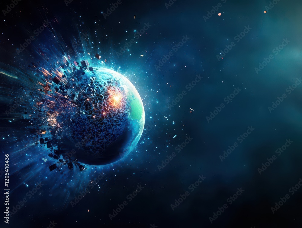 Poster majestic blue planet surrounded by colorful nebula in vast universe signifying cosmic beauty and mys