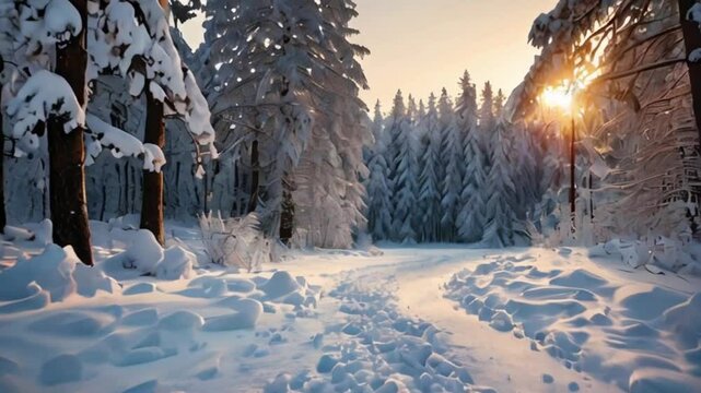 avanc&eacute;e au coeur des sapins enneig&eacute;s et de son chemin de neige au lever du soleil | IA / AI 