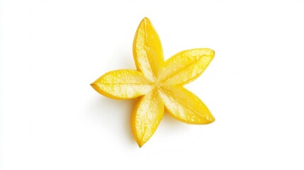 A delicate small yellow flower rests elegantly on a clean white surface, showcasing its vibrant color and fine details against a minimalistic backdrop.