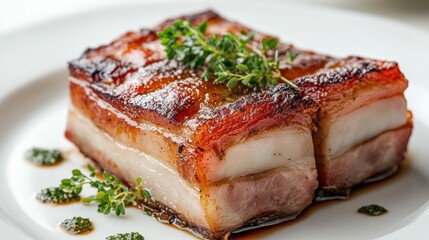 Juicy pork belly with soft lighting, emphasizing the crispy texture and succulent interior, styled on a minimalist white plate
