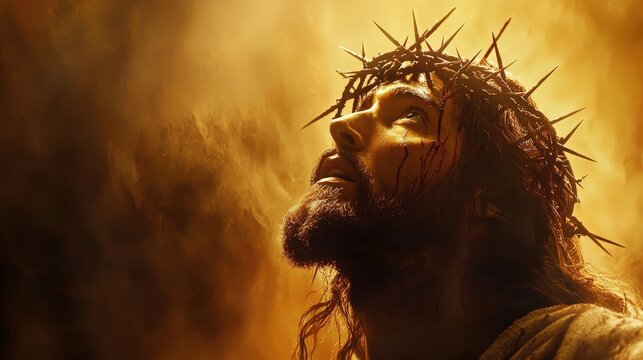 Portrait of Jesus Christ wearing a crown of thorns, surrounded by an ethereal glow and fiery hues, symbolizing sacrifice and redemption. Perfect for faith and religious art themes.