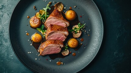Juicy roasted duck slices with a glossy finish, styled with neutral tones and simple garnishes for a modern aesthetic