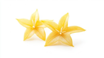 Fototapeta premium Two vibrant yellow flowers rest elegantly on a pristine white surface, creating a striking contrast that highlights their beauty.