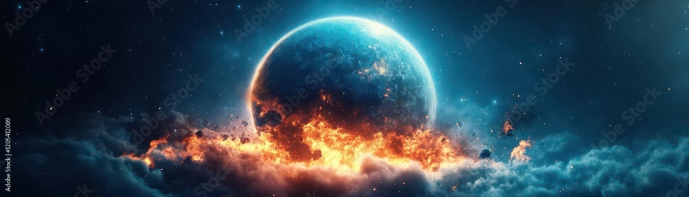 Poster a breathtaking celestial scene featuring a vibrant planet surrounded by stars in a deep space settin