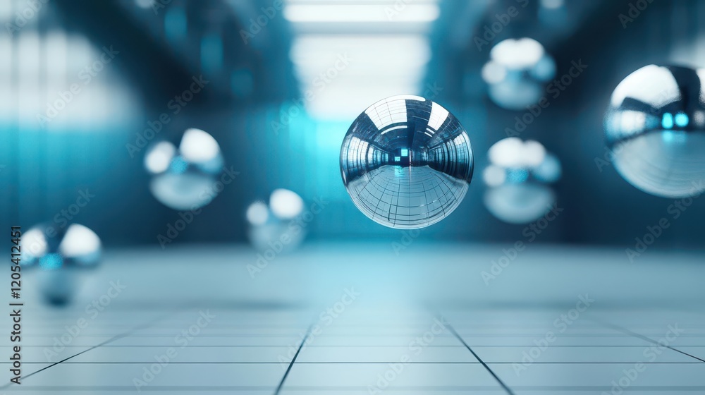 Poster Abstract 3D render of metallic spheres hovering in a futuristic setting