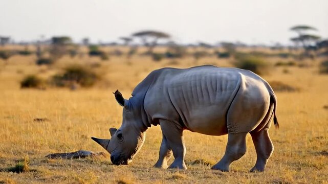 Rare Footage of baby small White Rhino walking breeding in South Africa savannah. Wild nature animals in natural habitat. Safari national park. Rhinos chewing grass. Wildlife, exotic country concept