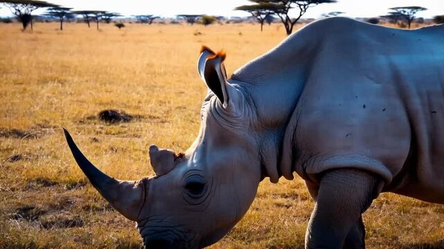 Rare Footage of baby small White Rhino walking breeding in South Africa savannah. Wild nature animals in natural habitat. Safari national park. Rhinos chewing grass. Wildlife, exotic country concept