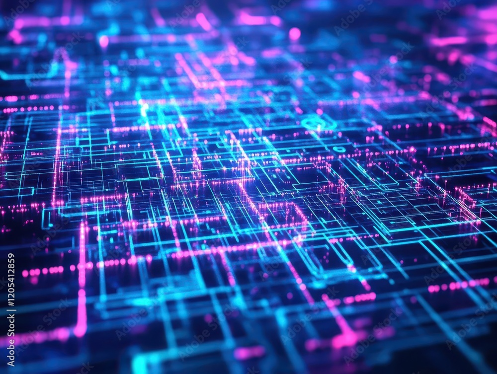Aufkleber Illuminated Computer Circuit Board Featuring Vibrant Blue and Pink Lights Creating a Futuristic and High-Tech Atmosphere in Digital Environment