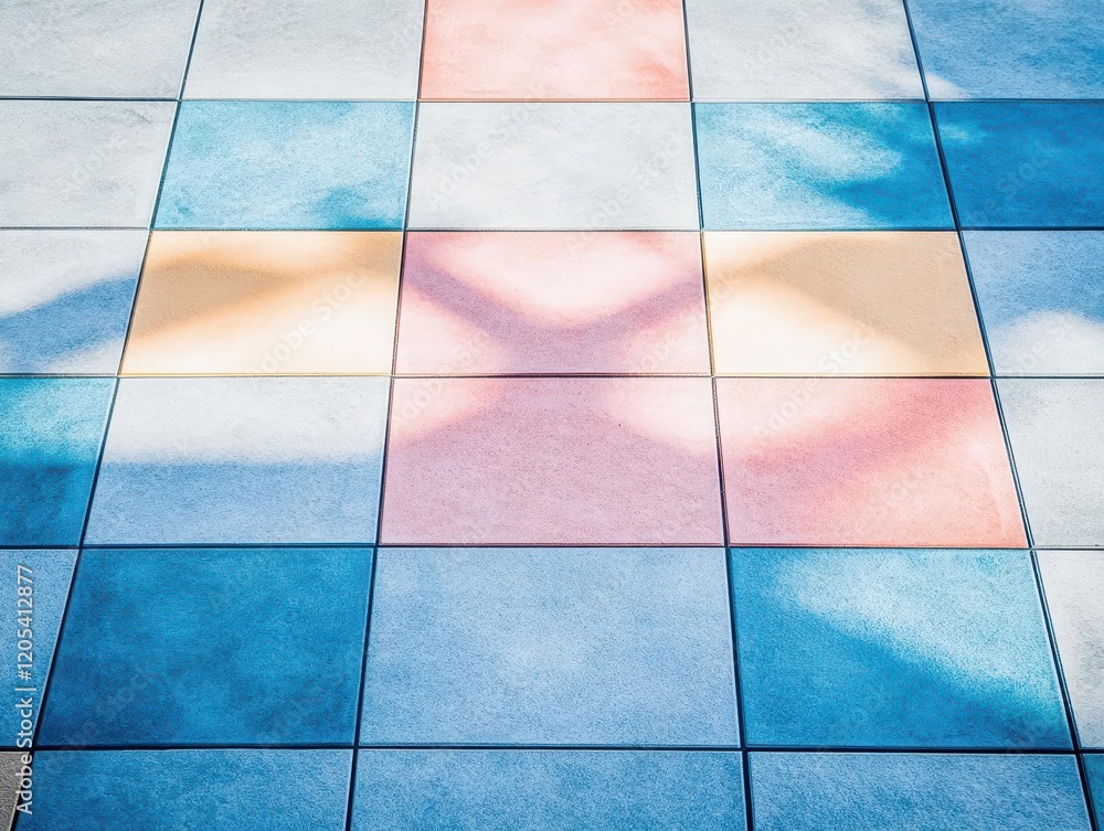 Fototapete Vibrant Colorful Tiled Floor Showcasing Intricate Patterns with the Gentle Shadow of a Tree Creating a Unique and Artistic Atmosphere in the Space