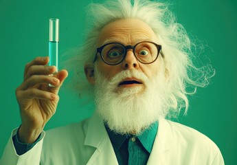 a mad scientist with white hair and a beard, wearing glasses and a lab coat, holding up a blue liquid test tube against a green background