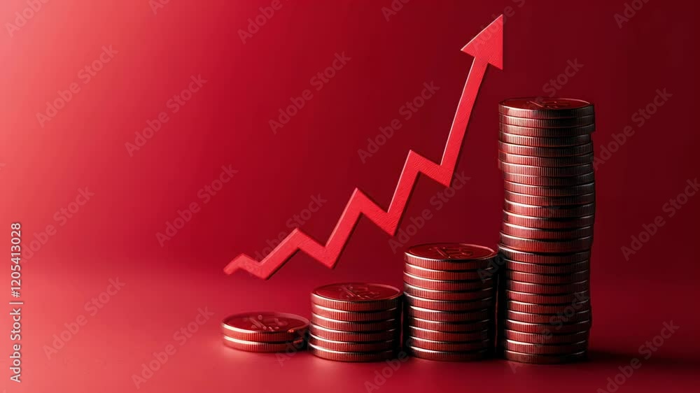 Poster stacks of coins rising in value are paired with a red upward trending arrow, conveying the concept o