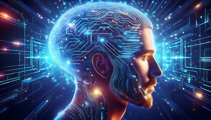 Futuristic Side Profile of a Man with a Digital Circuit Brain, Artificial Intelligence Concept