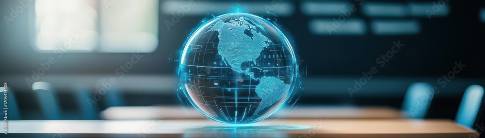 Poster Elegant Globe on Table Surrounded by Soft Blur Effect Creating a Dreamy Atmosphere Perfect for Travel Inspiration and Global Exploration Themes