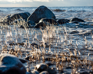 landscape with the seashore, windy winter day, water splashes, icy stones on the seashore, Baltic...