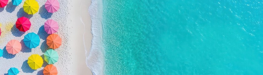 Naklejka premium Aerial view of a tropical beach with turquoise waters and colorful umbrellas, vibrant and lively