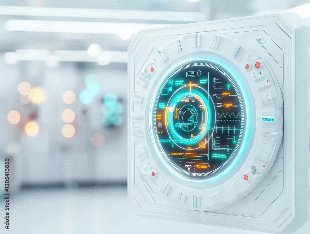Poster Futuristic Interface Displaying Glowing Circular Element Surrounded by Dynamic Visuals and Vibrant Colors Evoking High-Tech Innovation and Creativity