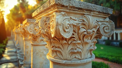 Ancient Stone Columns at Sunset: Intricate Carvings and Golden Light Illuminate a Serene Historical Site