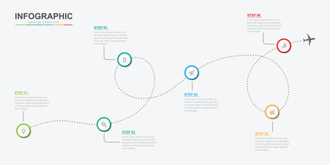 Infographic design template. Timeline concept with 6 steps. Can be used for workflow layout, diagram, banner, webdesign. Vector illustration
