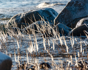 landscape with the seashore, windy winter day, frozen ice formations, Baltic Sea, Latvia