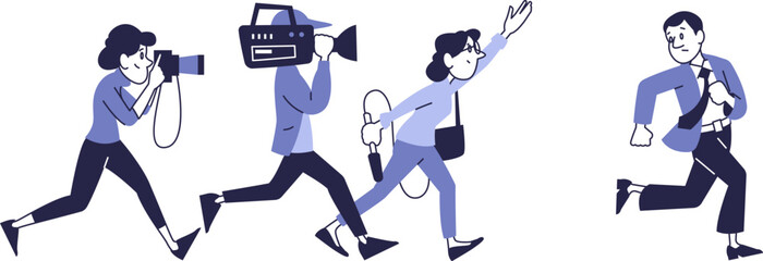 Energetic pursuit of journalists for a sensational interview – reporters and a cameraman chasing a running person, trying to get an exclusive story.