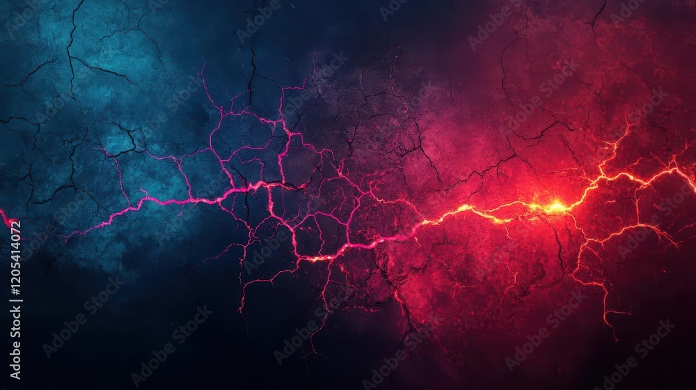 Poster dramatic lightning strikes illuminating a dark atmosphere with vivid red and blue hues creating an i