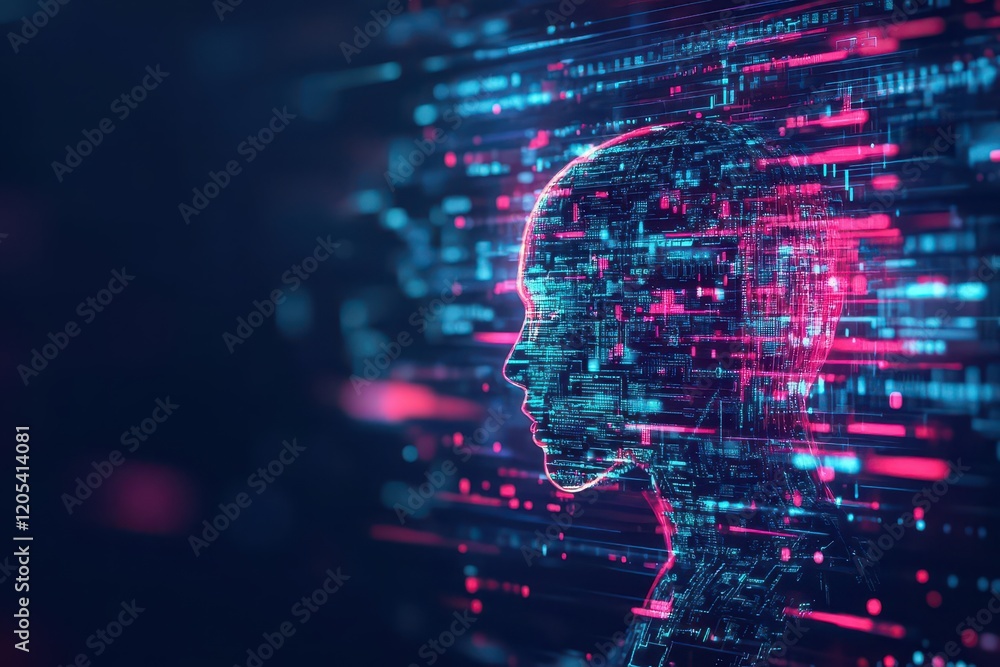 Fototapete Futuristic Human Head Surrounded by Interactive Digital Interface Displaying Data Graphics and Visual Elements in a High-Tech Conceptual Environment
