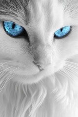  Fluffy white cat with piercing dark blue eyes staring intensely, soft fur glowing under gentle light, capturing feline beauty and captivating gaze in stunning close-up.