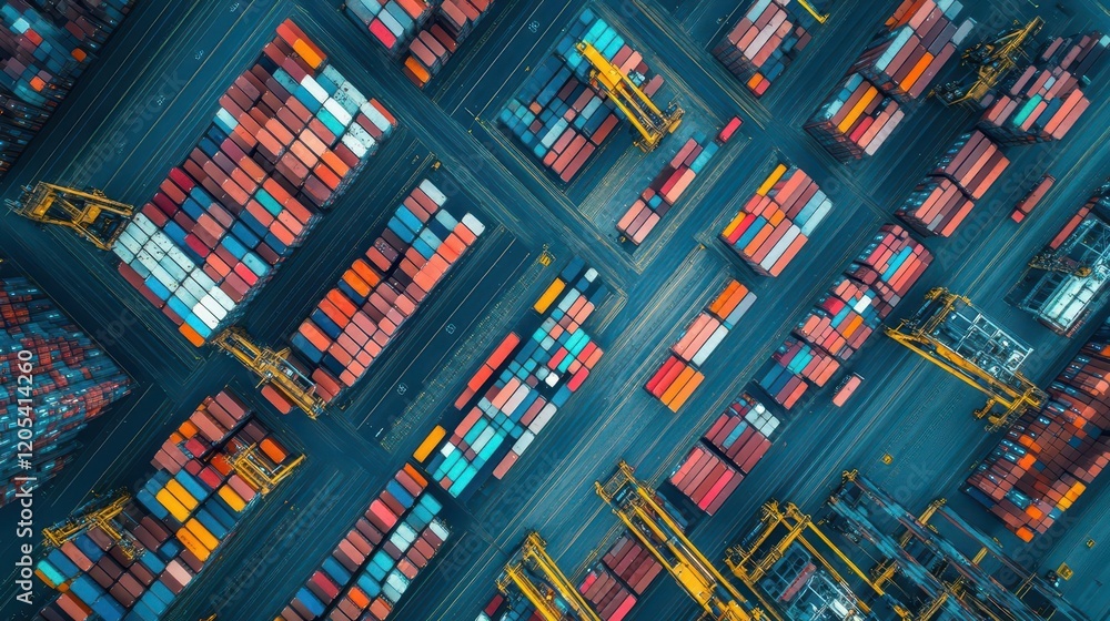 Poster massive container ship navigating through busy port surrounded by cranes and cargo containers under 