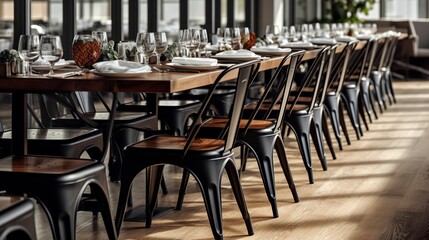 A photo of a row of stylish dining tables and chairs.