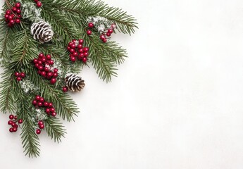 Festive Pine Branches with Berries and Pine Cones on White Background