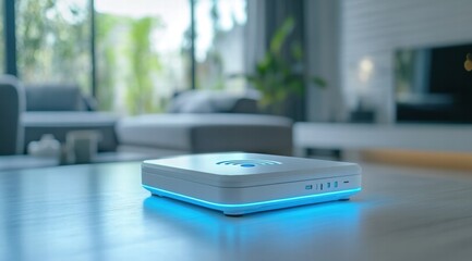 Close-up of a white wireless router with wi-fi symbol with a blue light in a modern home interior
