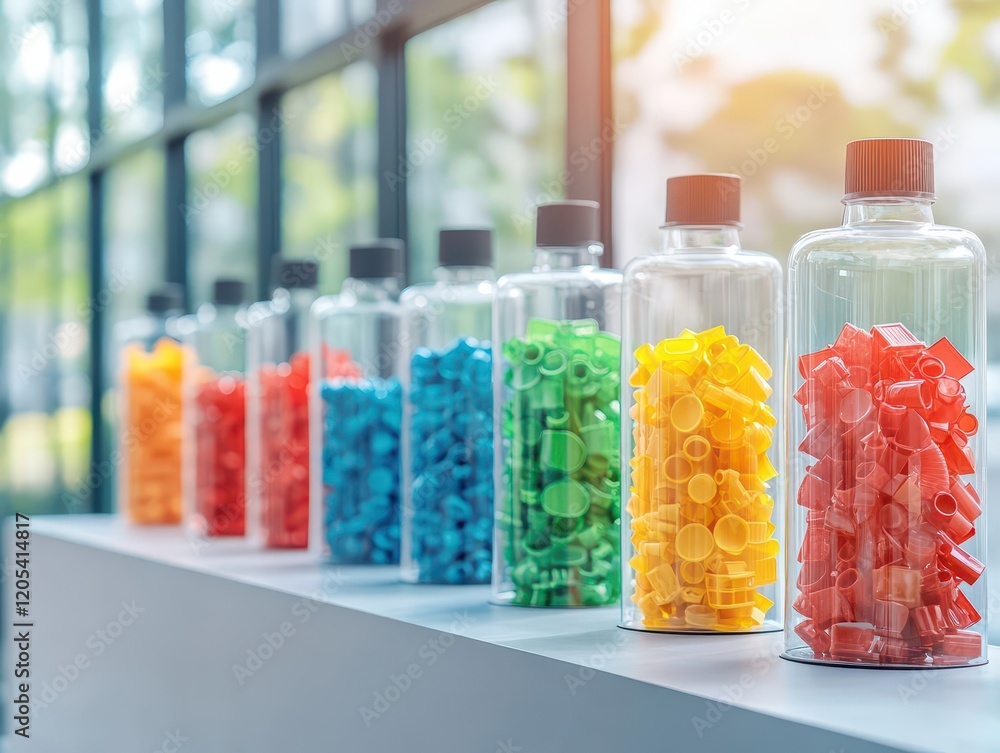 Aufkleber Vibrant Display of Colorful Plastic Bottles Arranged Neatly with a Stylish Plastic Bow Creating a Playful and Eye-Catching Decor Element in Bright Settings