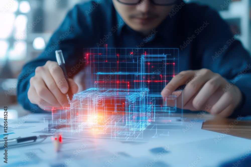 Poster focused man analyzing detailed blueprint of modern residential house surrounded by construction tool